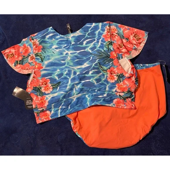 Torrid Blue Water Floral Sleeve and Reversible Swim Brief NWT SZ 1 (14/16) - Picture 7 of 13